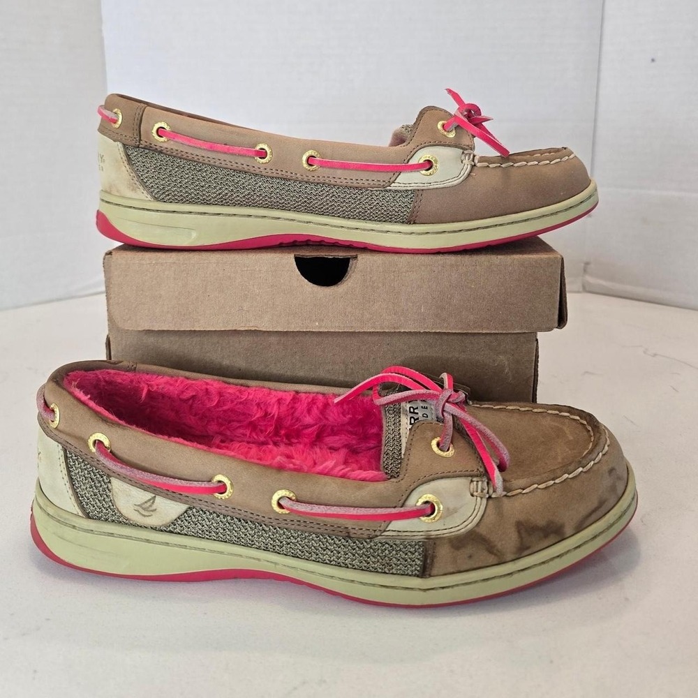Sperry Women's Pink & Tan Boat Shoes with Pink Laces and Pink Fuzzy Lining- 8.5